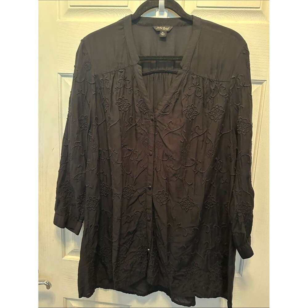Lucky Brand Black Embroidered Button-Down Long-line Top Size XL